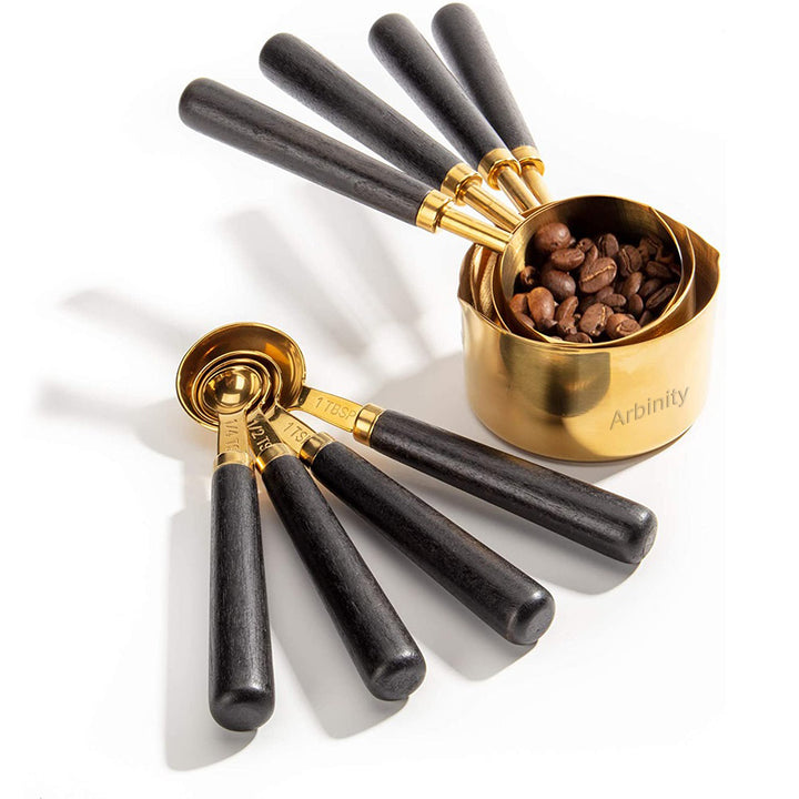 Arbinity Stainless Steel Gold Measuring Cups and Spoons Set Kit with Wood Handle