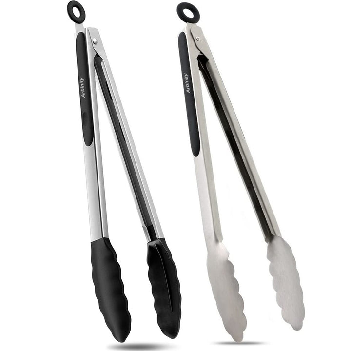 Arbinity Stainless Steel Silicone Heavy Duty Kitchen Food Tongs Set of 2